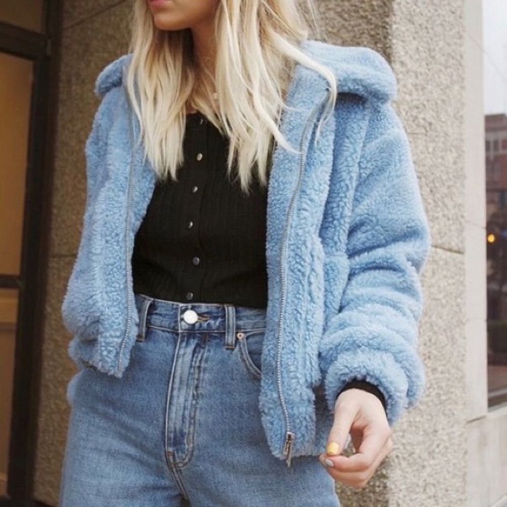 UO Blue Cropped Teddy Bomber Jacket M